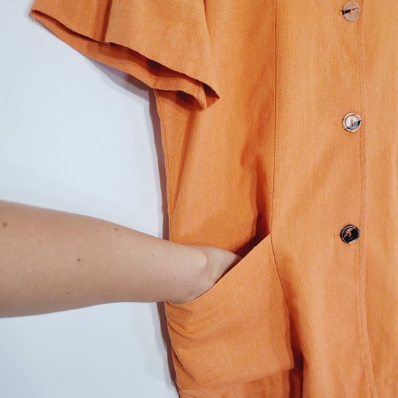 Vice Versa Vintage Blouse Smock Short Sleeve Orange Linen Blend Collared Pockets - Picture 3 of 10